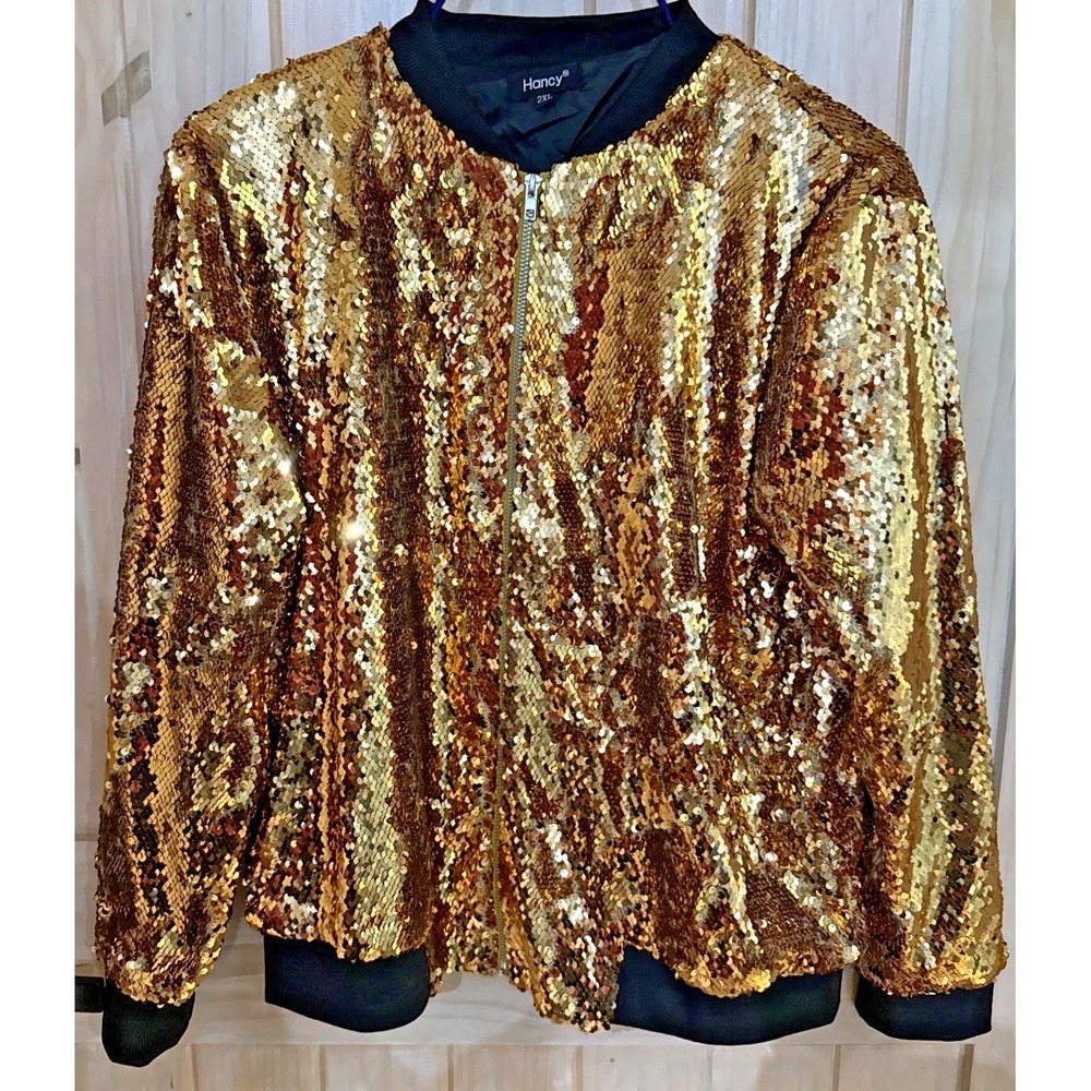 Hancy Womens 2XL Gold Sequin Bomber Jacket Full Zip Party Disco Plus Size